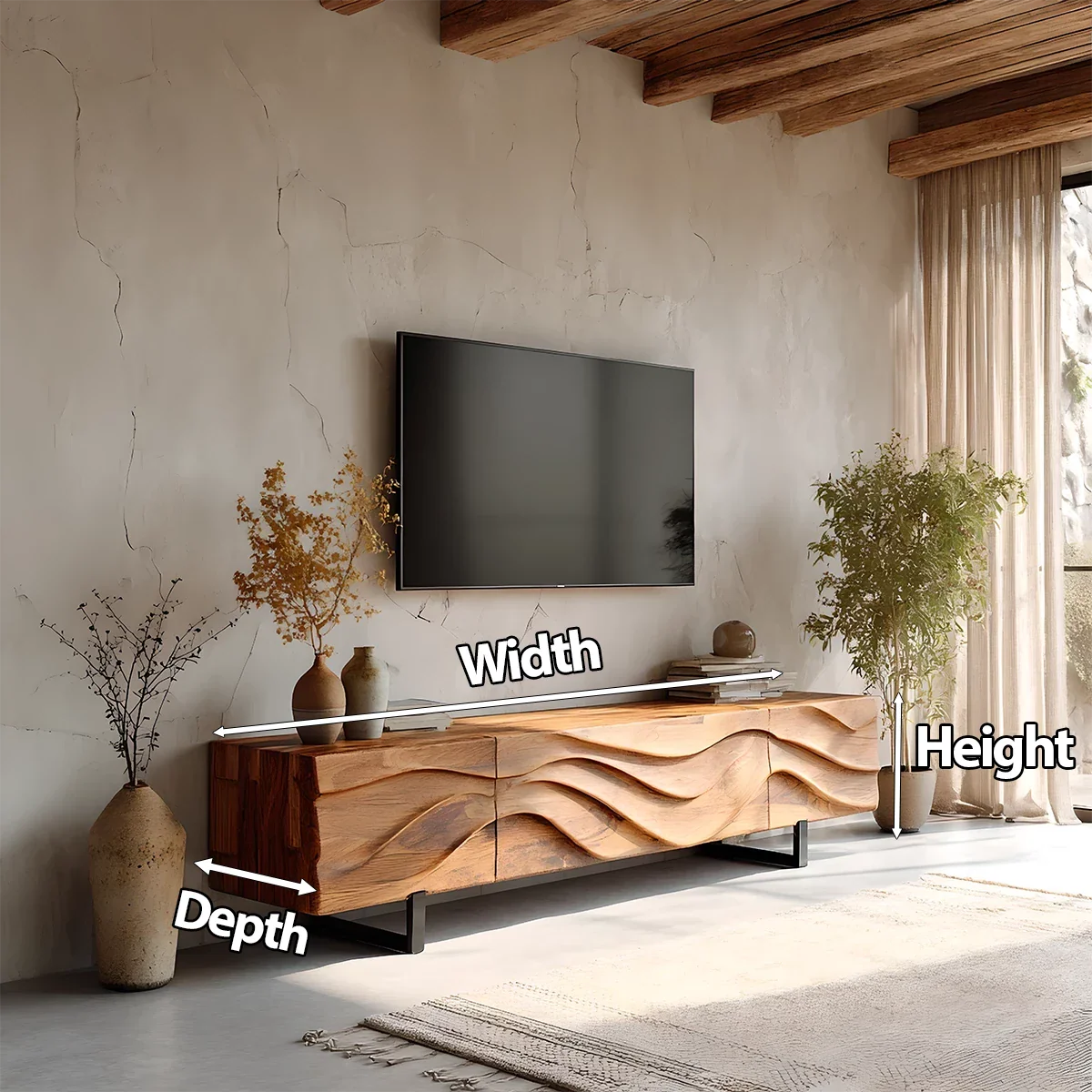 Hand-Carved Wave Wood TV Stand — Golden Drift Edition - Rustira