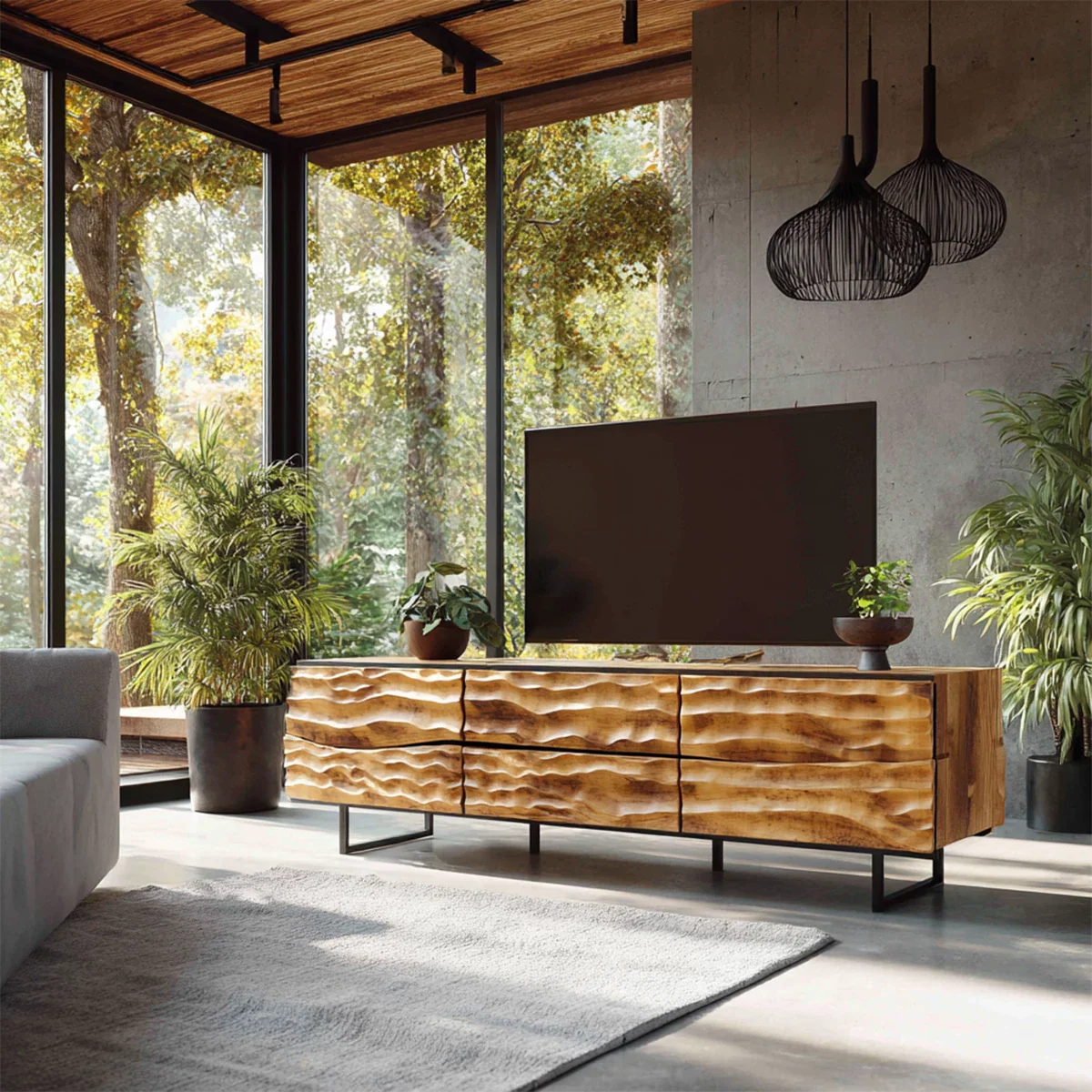 Hand-Carved Wavefront Solid Wood TV Stand – Natural Sculpted Media Console - Rustira