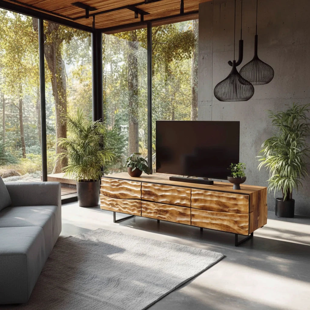 Hand-Carved Wavefront Solid Wood TV Stand – Natural Sculpted Media Console - Rustira