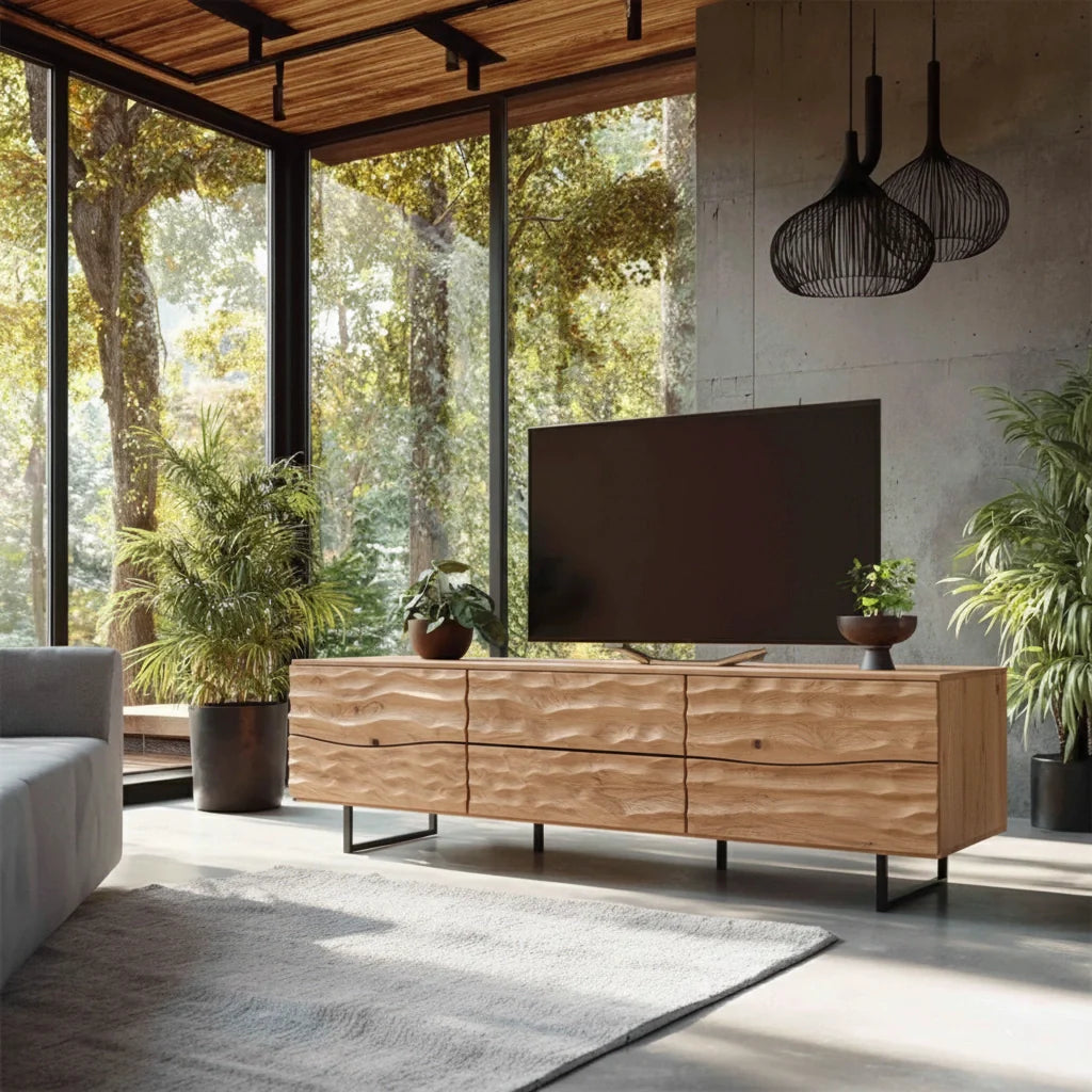 Hand-Carved Wavefront Solid Wood TV Stand – Natural Sculpted Media Console - Rustira