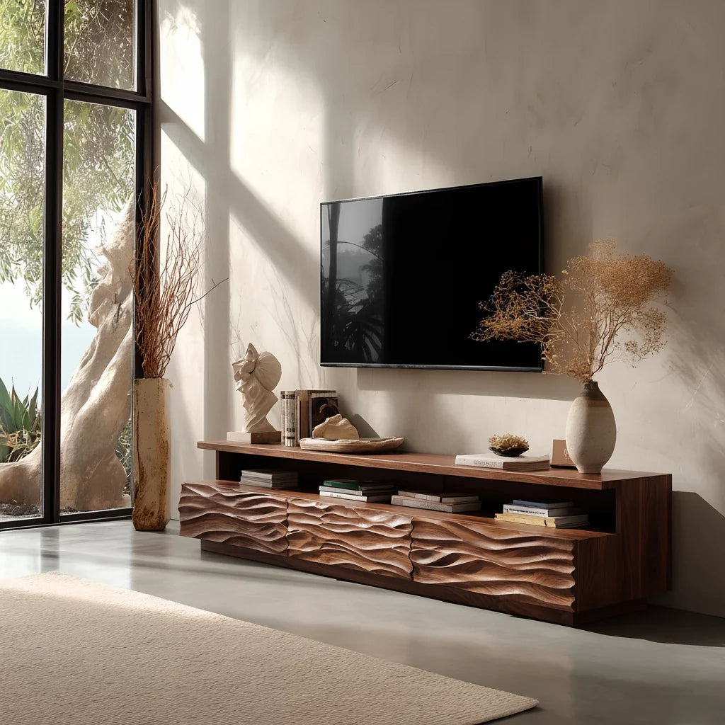 Hand-Sculpted Organic Wave Wood TV Stand — Natural Sunrise Finish - Rustira