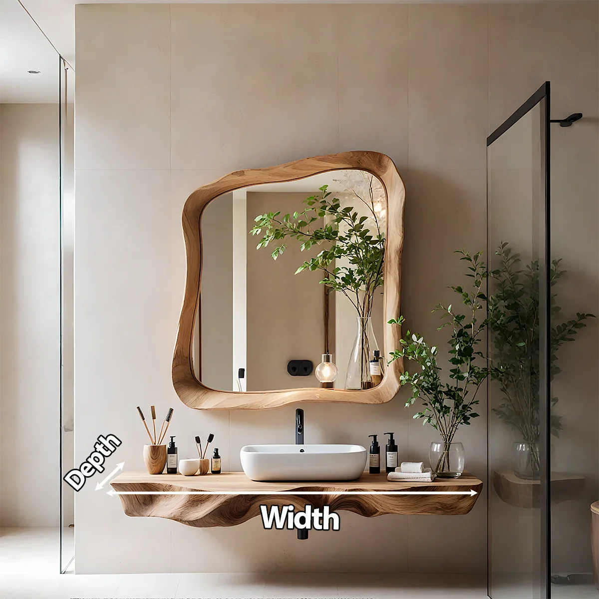 Handcrafted Live Edge Floating Bathroom Vanity Shelf With Mirror Frame - Rustira