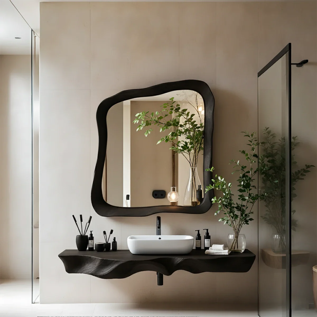 Handcrafted Live Edge Floating Bathroom Vanity Shelf With Mirror Frame - Rustira