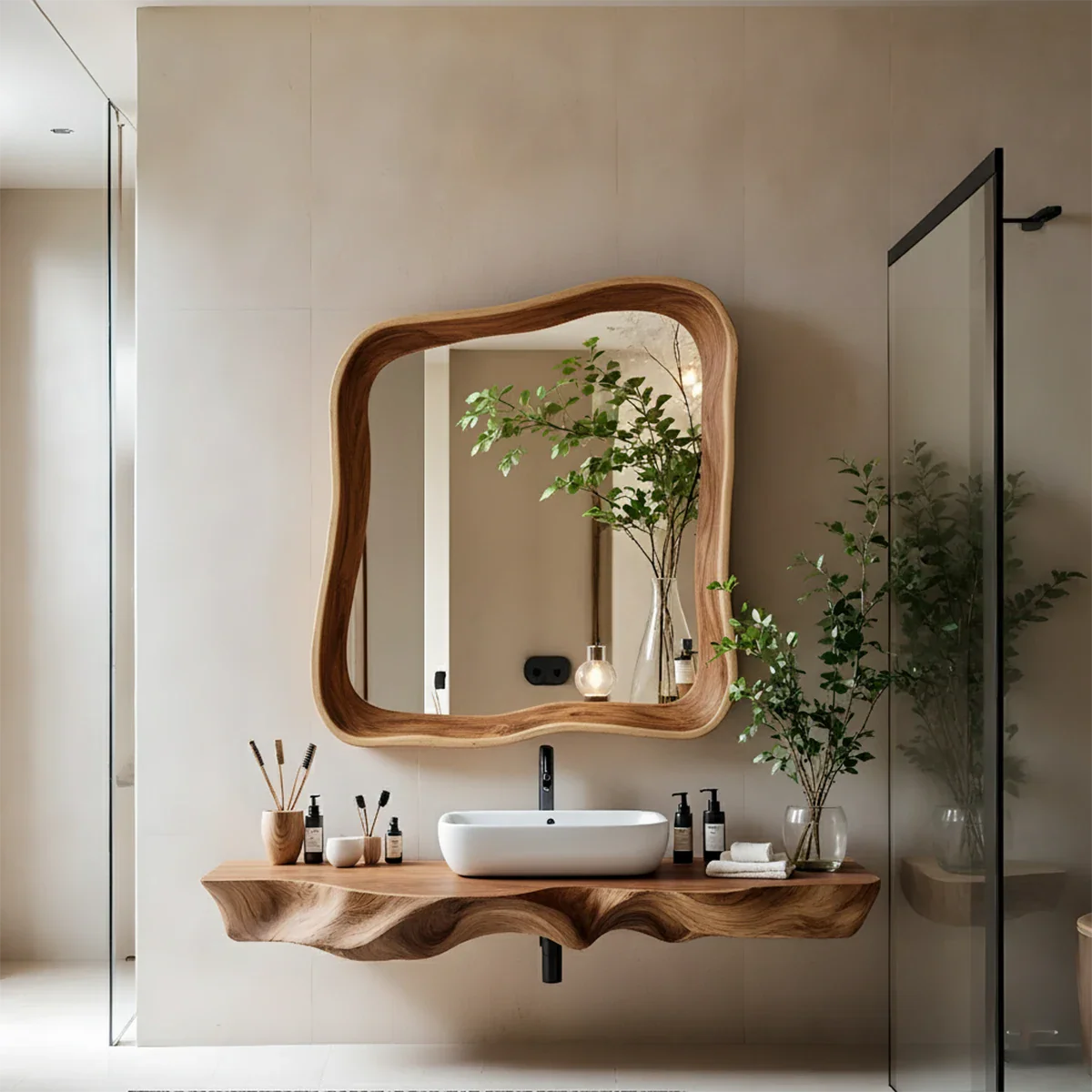 Handcrafted Live Edge Floating Bathroom Vanity Shelf With Mirror Frame - Rustira