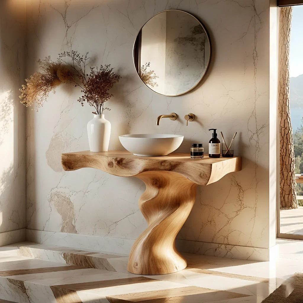 Handcrafted Live Edge Vanity with Sculpted Twisted Wood Base - Rustira