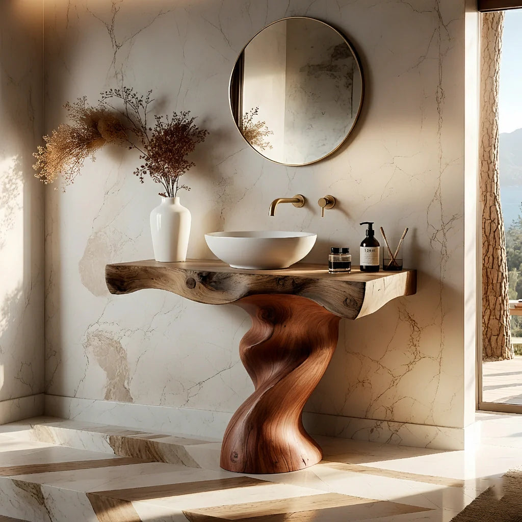 Handcrafted Live Edge Vanity with Sculpted Twisted Wood Base - Rustira