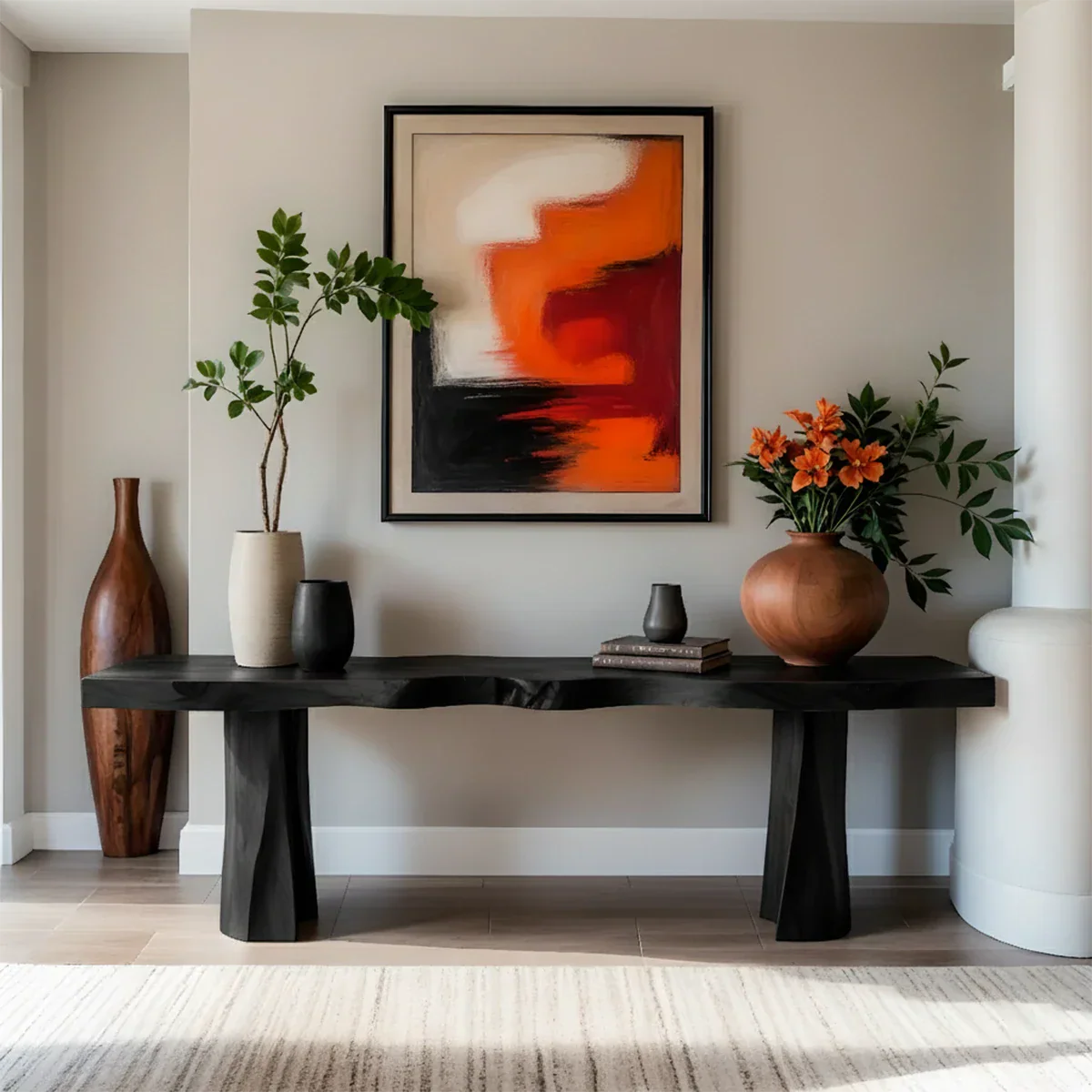 Handcrafted Solid Wood Console Table with Sculpted Block Legs - Rustirawood