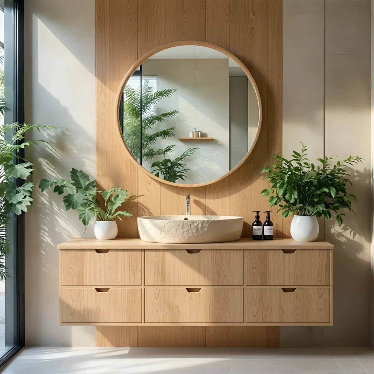 Handcrafted Solid Wood Floating Vanity with Stone Basin - Rustira