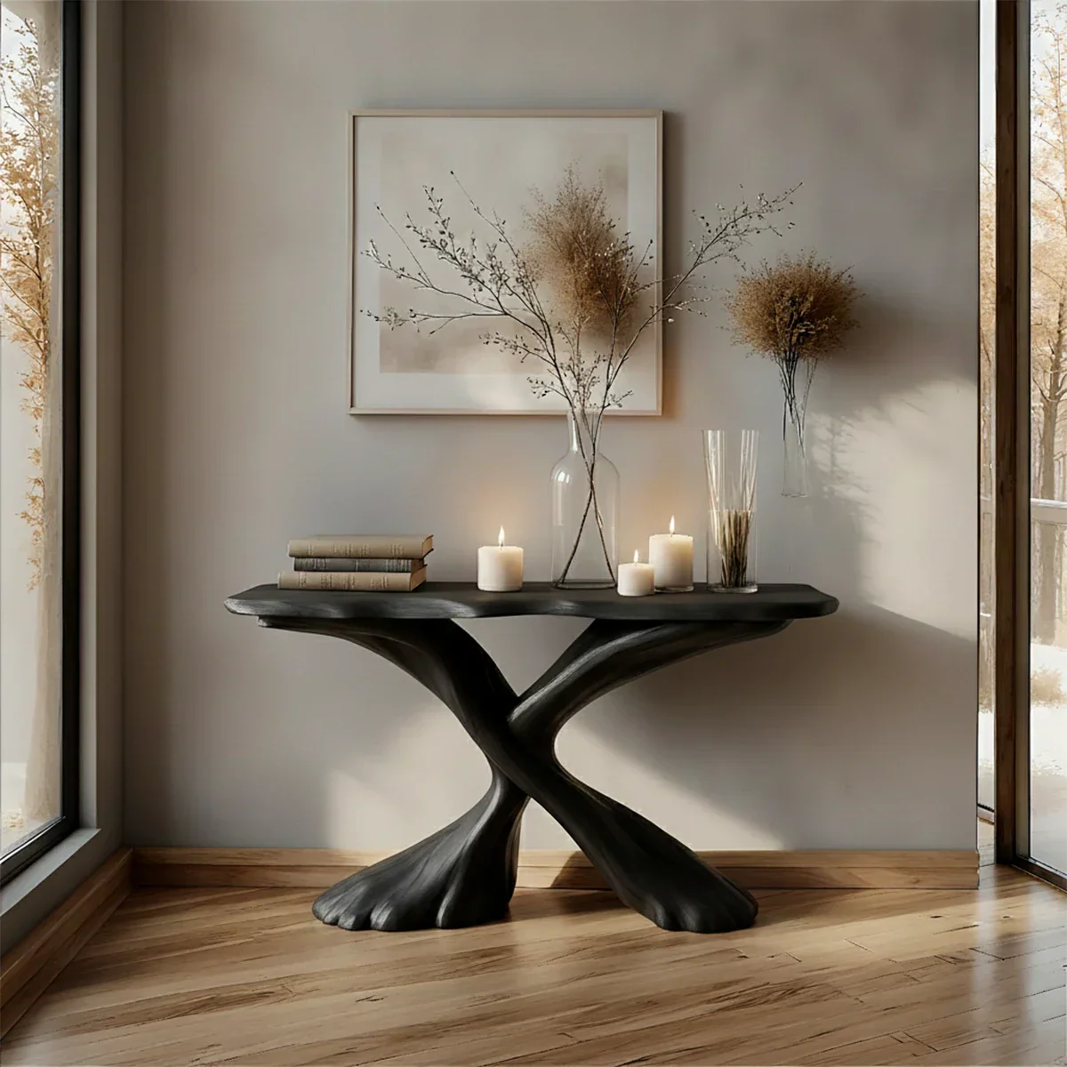 Handcrafted Solid Wood Twisted Sculptural Console – Japandi Art Form - Rustirawood