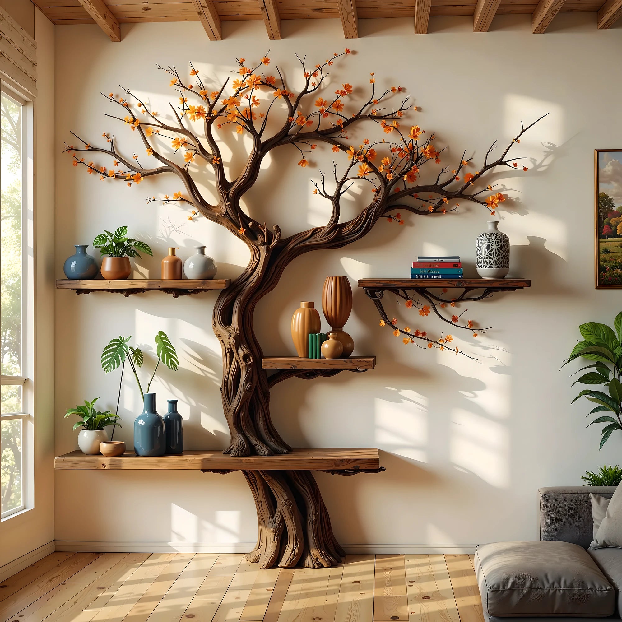 Handcrafted Tree Bookshelf – Natural Wood, Exquisite Craftsmanship .
