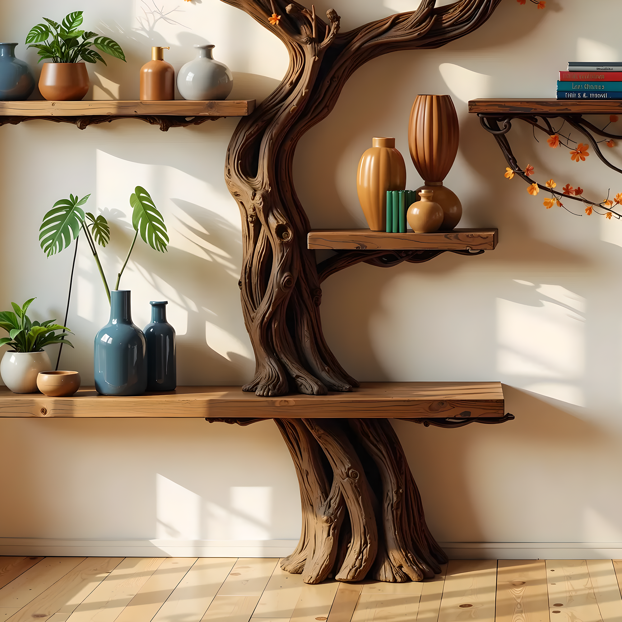 Handcrafted Tree Bookshelf – Natural Wood, Exquisite Craftsmanship .