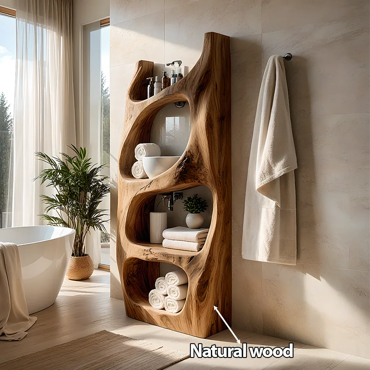 Organic Live Edge Solid Wood Bathroom Shelf Tower – Sculptural Storage - Rustira