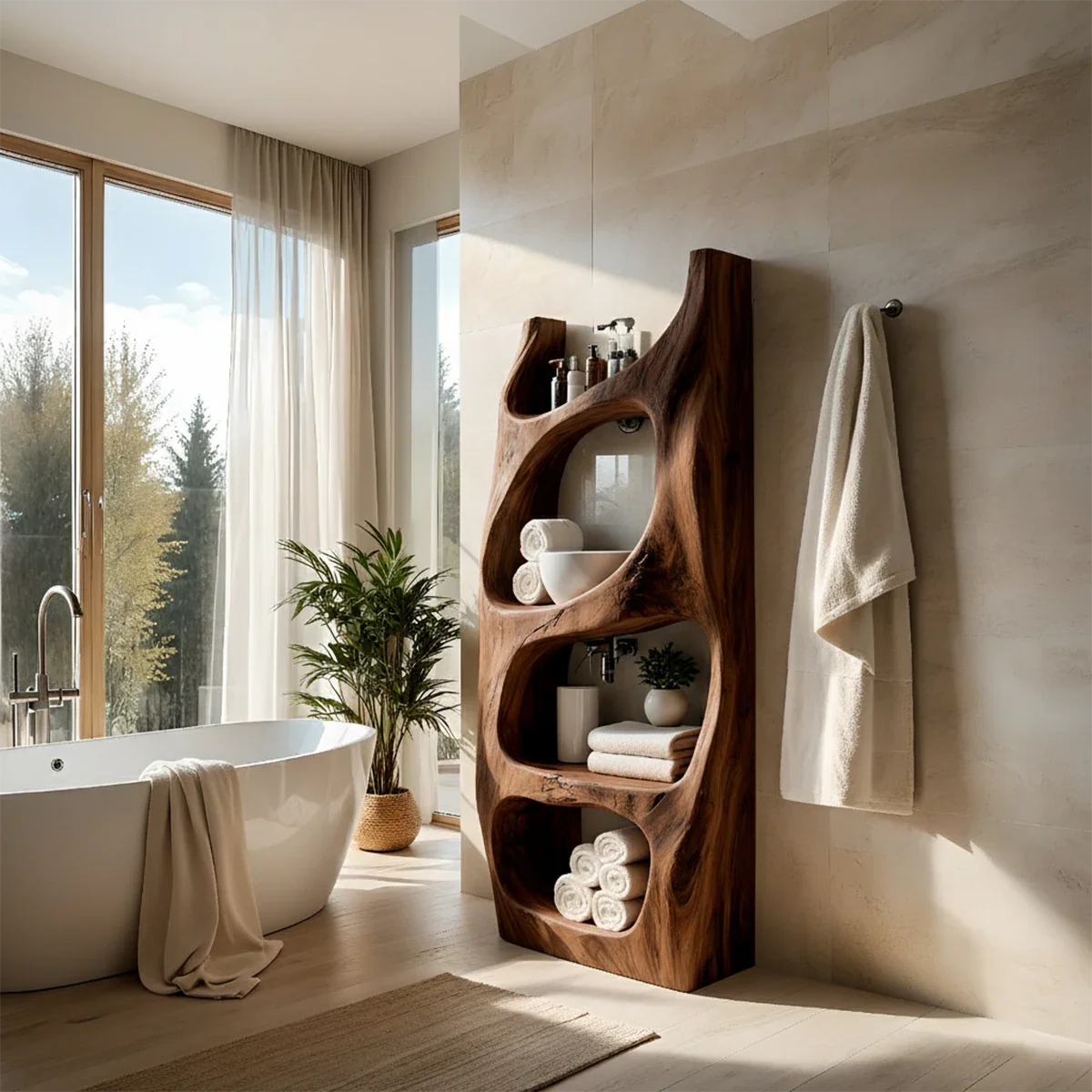 Organic Live Edge Solid Wood Bathroom Shelf Tower – Sculptural Storage - Rustira