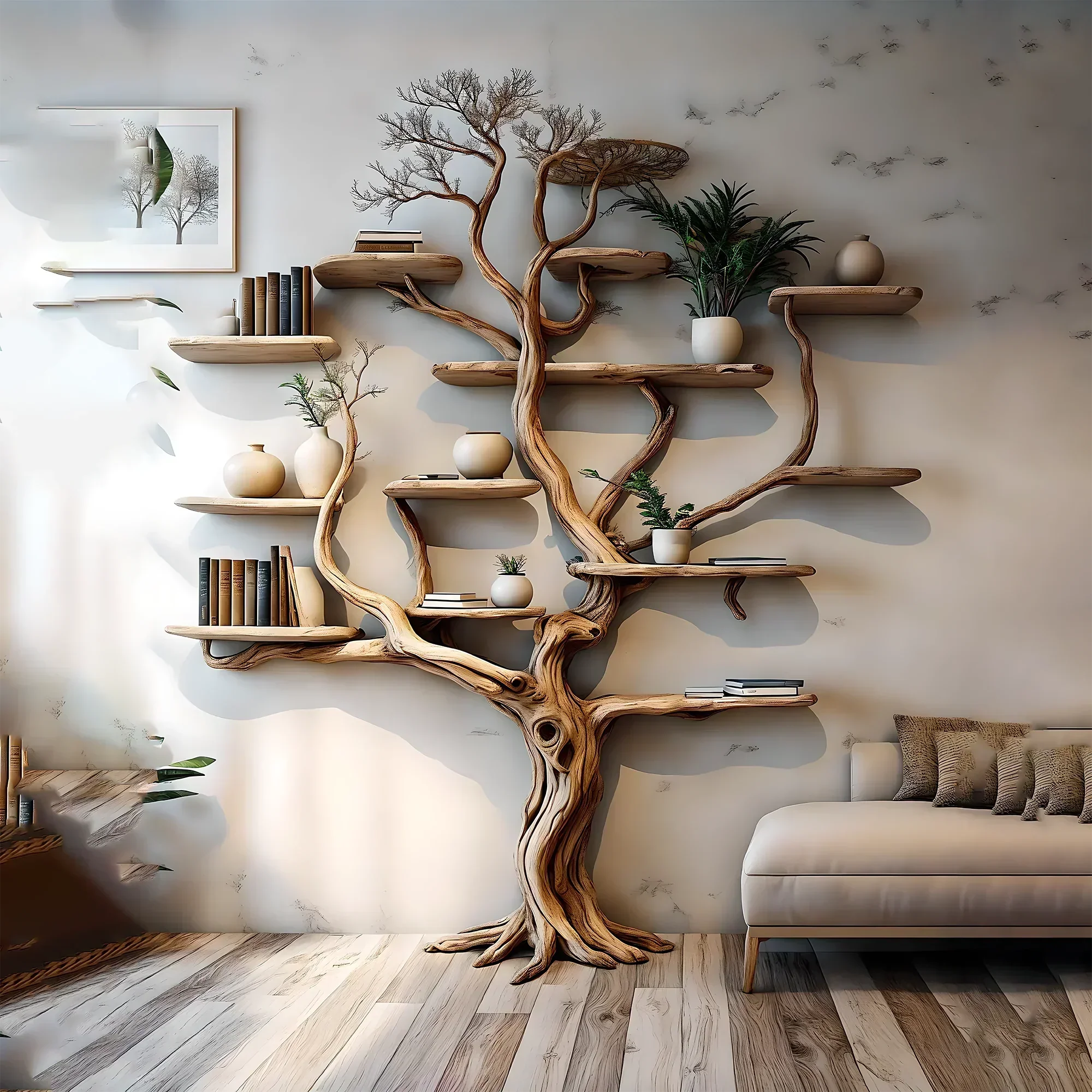 Handmade wooden tree branch bookshelf from solid natural wood, floating shelf, children's room decoration