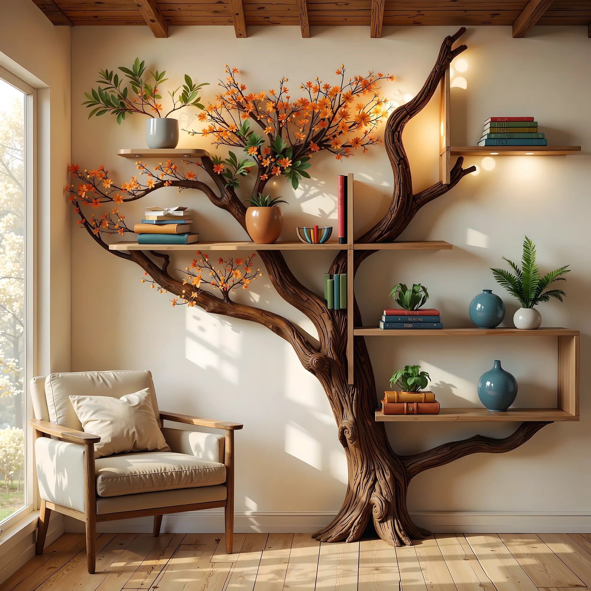 Handmade Tree Bookshelf – A Cozy & Natural Touch to Your Space .