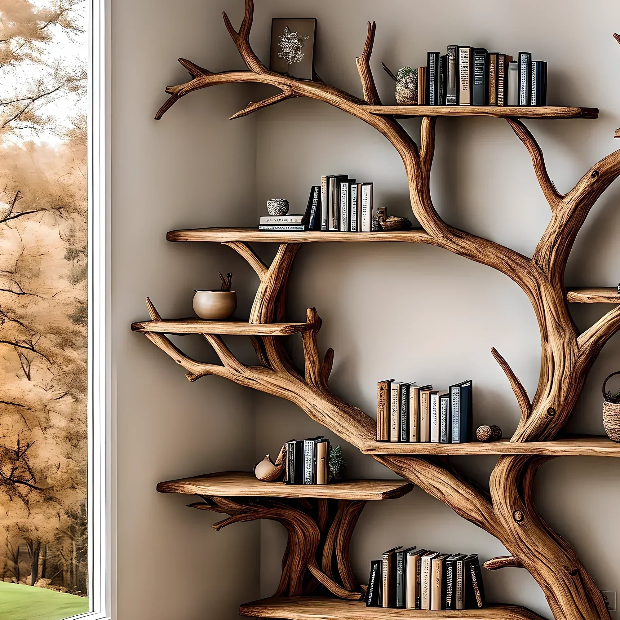 Handmade wooden bookshelf, Tree branch bookshelf, Living room decoration, Office decoration, Natural wood, Floating shelf