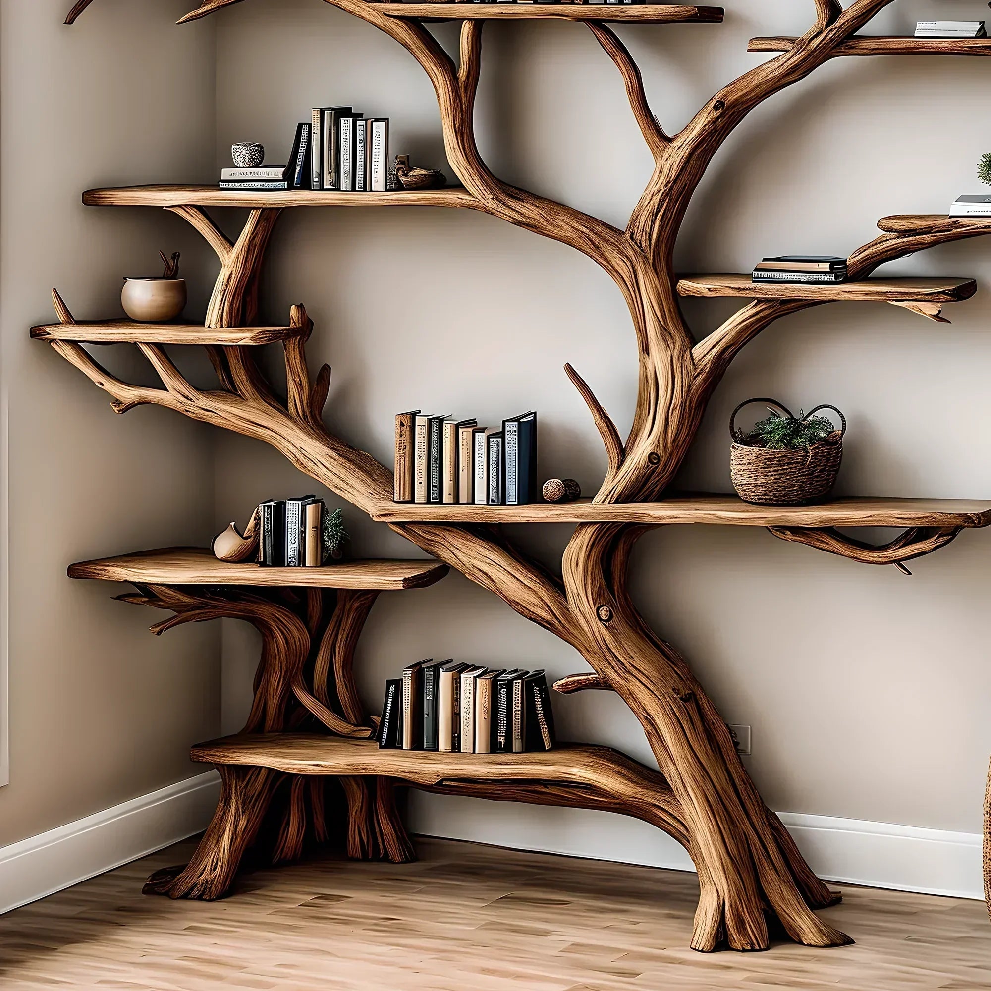 Handmade wooden bookshelf, Tree branch bookshelf, Living room decoration, Office decoration, Natural wood, Floating shelf