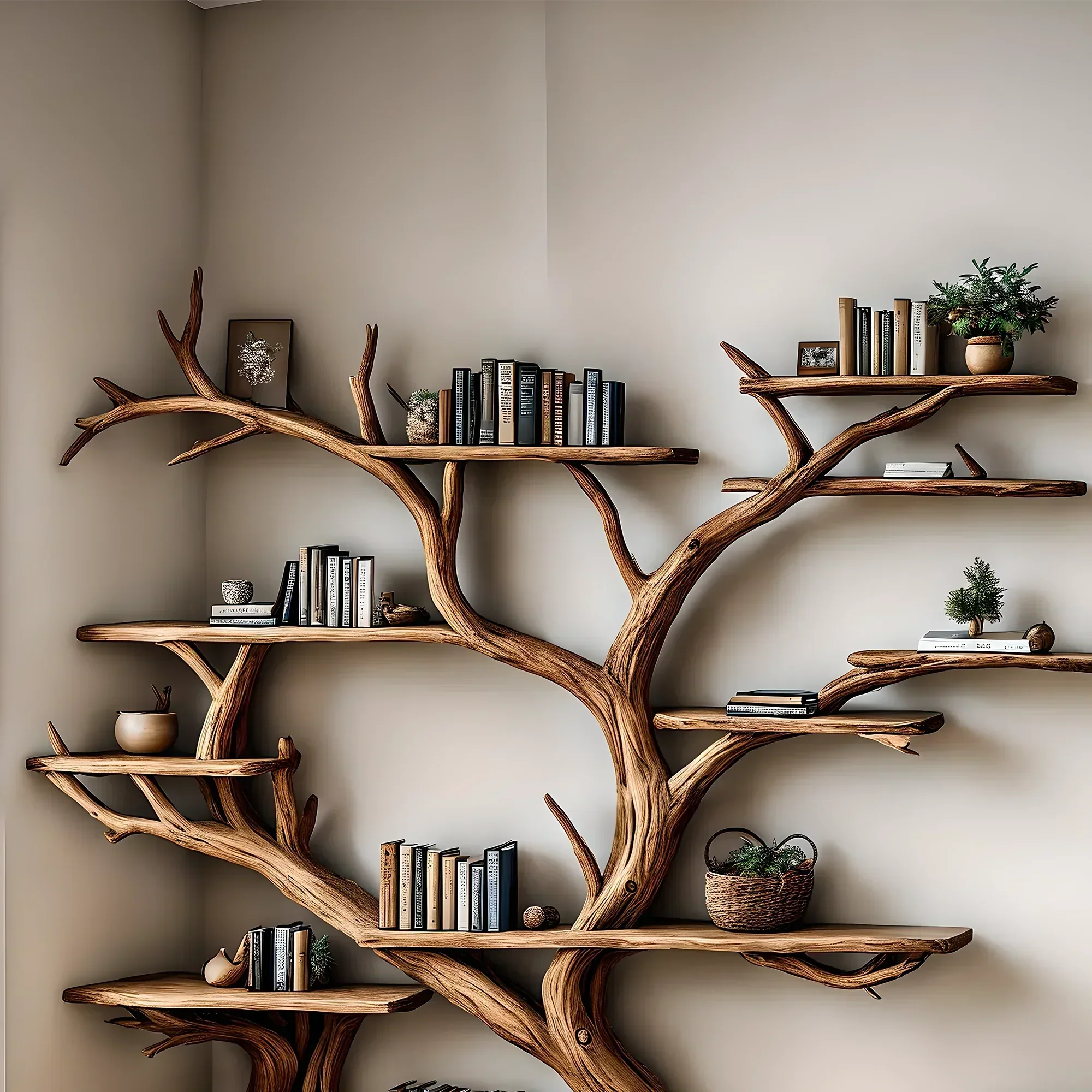Handmade wooden bookshelf, Tree branch bookshelf, Living room decoration, Office decoration, Natural wood, Floating shelf