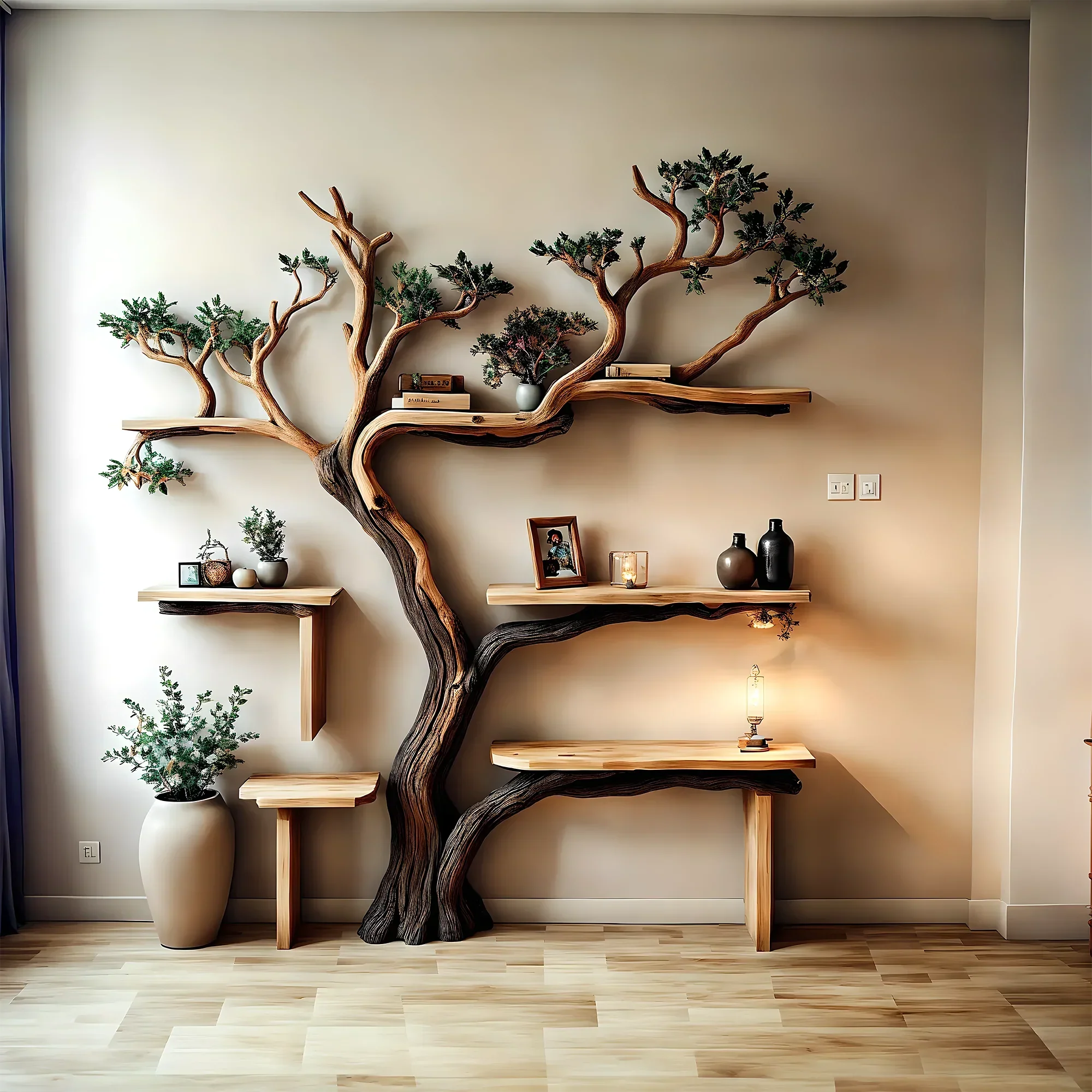 Handmade natural wooden tree branch bookshelf, children's room bookshelf, gift