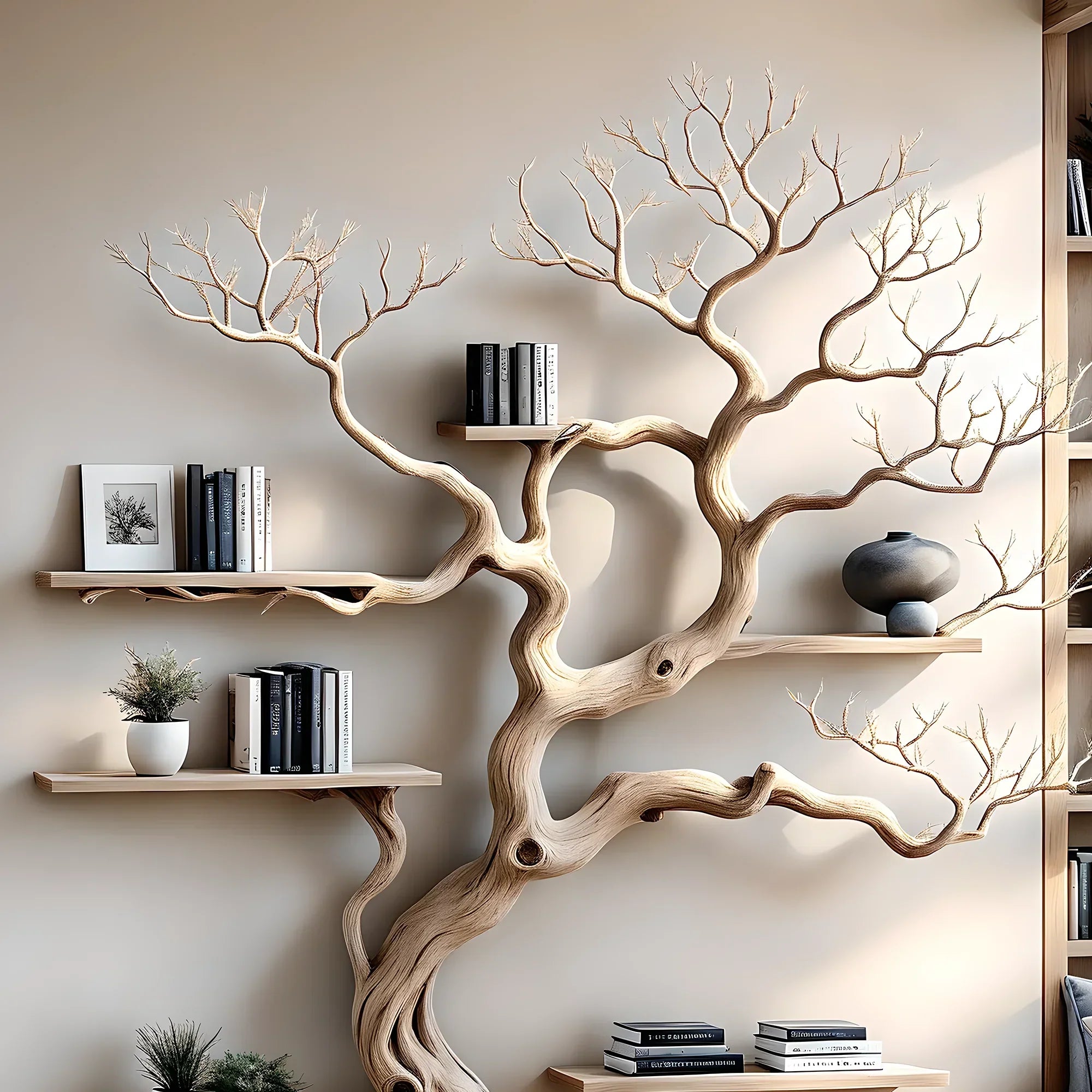 Handmade tree branch bookshelf, natural wood, preschool bookshelf, children's room bookshelf, solid wood floating shelf