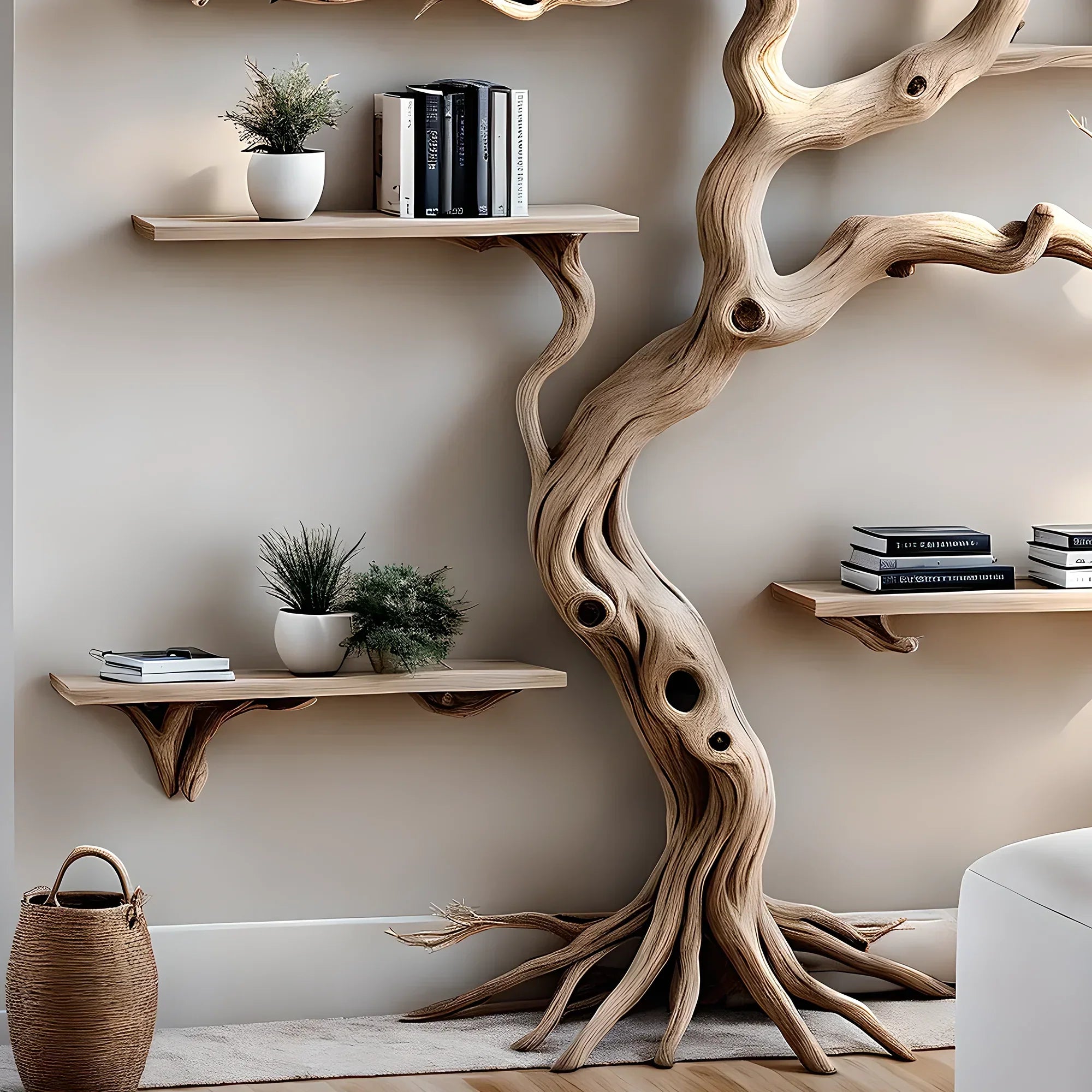 Handmade tree branch bookshelf, natural wood, preschool bookshelf, children's room bookshelf, solid wood floating shelf