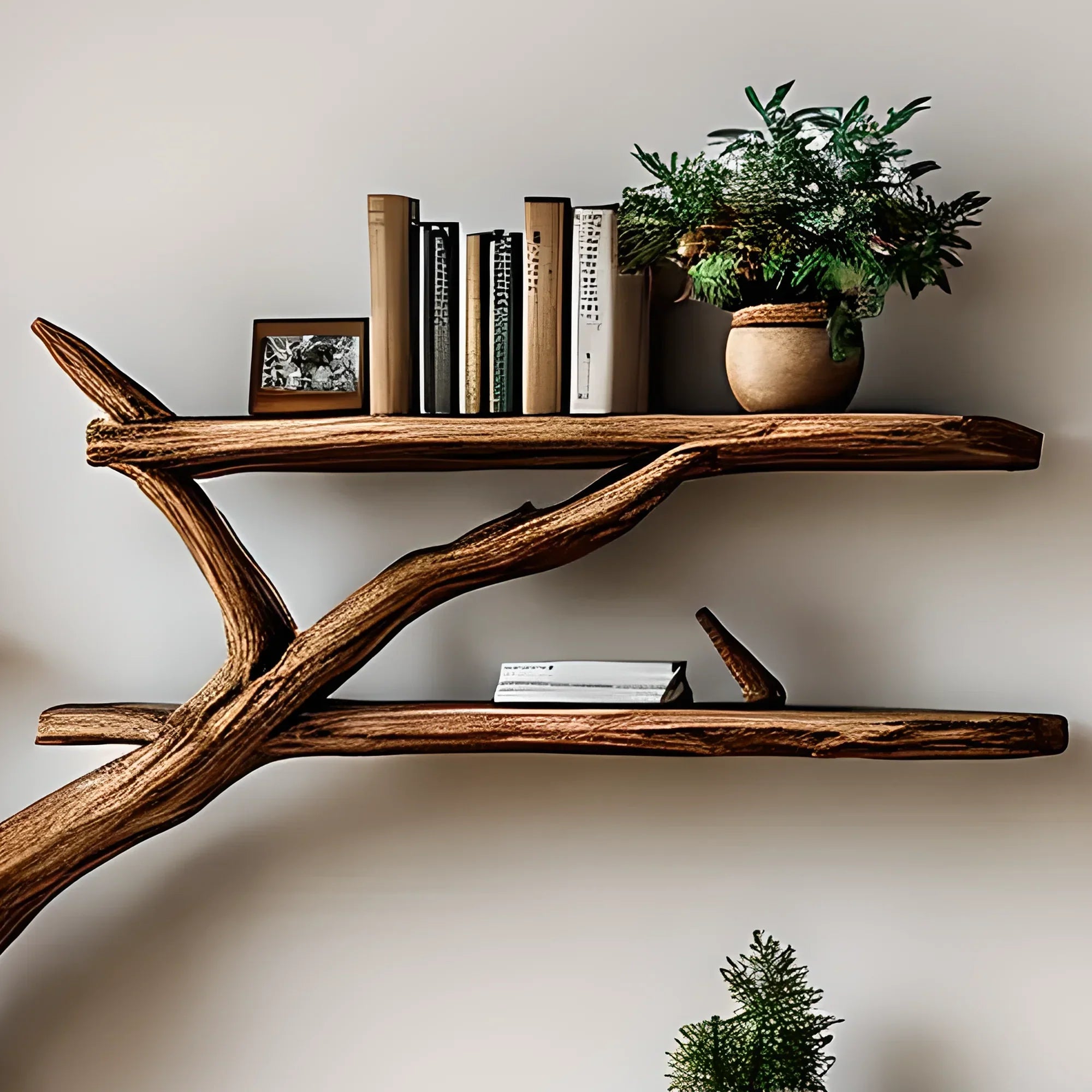 Handmade wooden bookshelf, Tree branch bookshelf, Living room decoration, Office decoration, Natural wood, Floating shelf