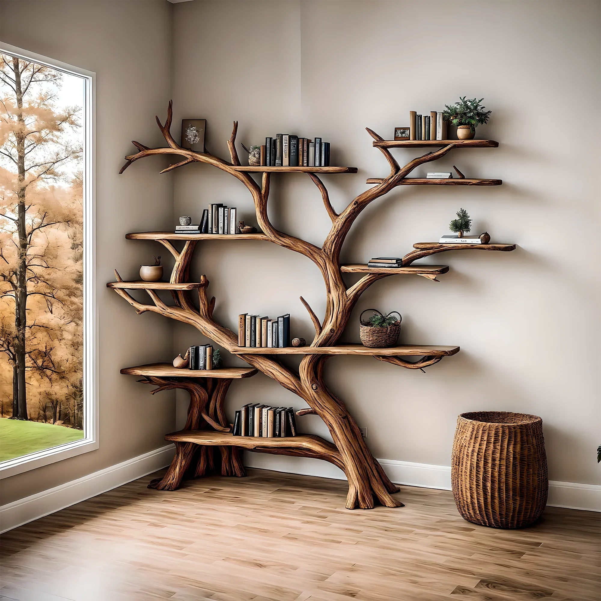 Handmade wooden bookshelf, Tree branch bookshelf, Living room decoration, Office decoration, Natural wood, Floating shelf