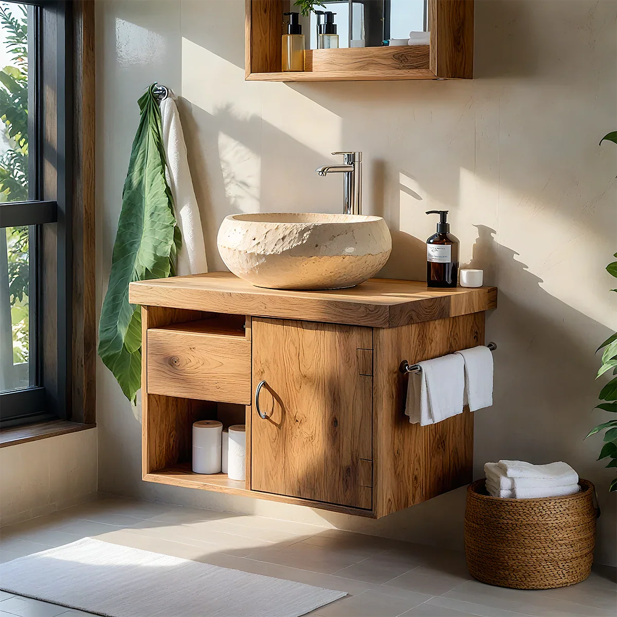 Harmony Wall-Mounted Vanity – Natural Solid Wood Compact Bathroom Cabinet - Rustira