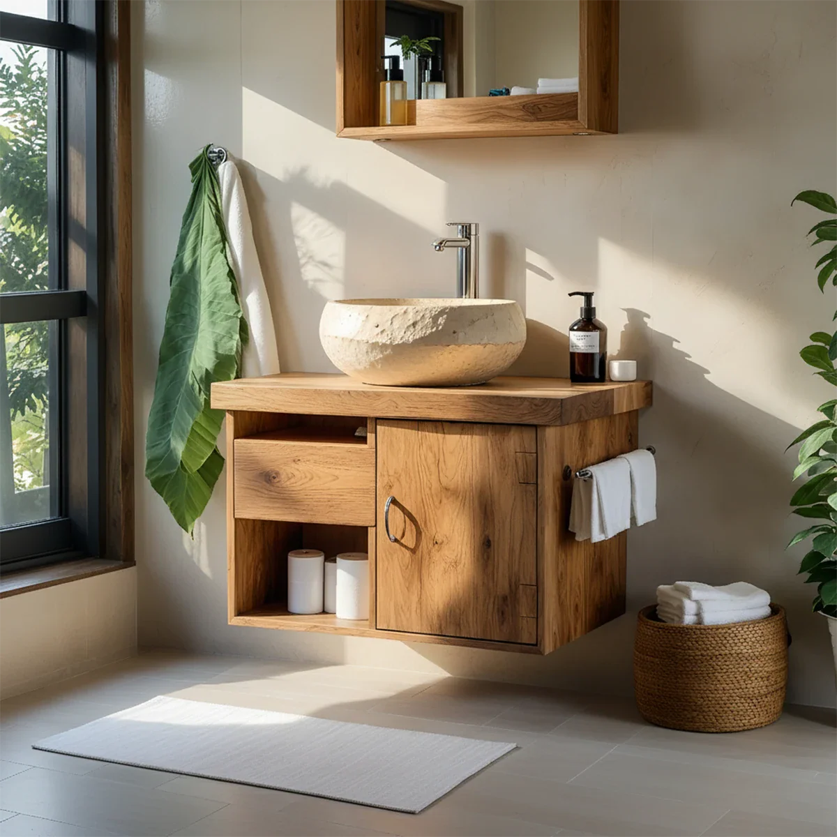 Harmony Wall-Mounted Vanity – Natural Solid Wood Compact Bathroom Cabinet - Rustira