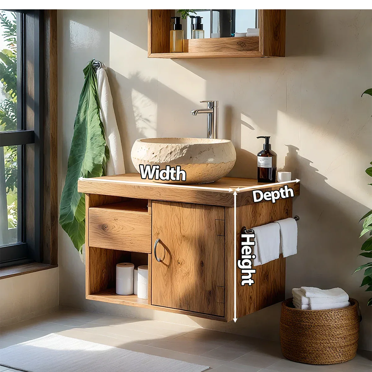 Harmony Wall-Mounted Vanity – Natural Solid Wood Compact Bathroom Cabinet - Rustira