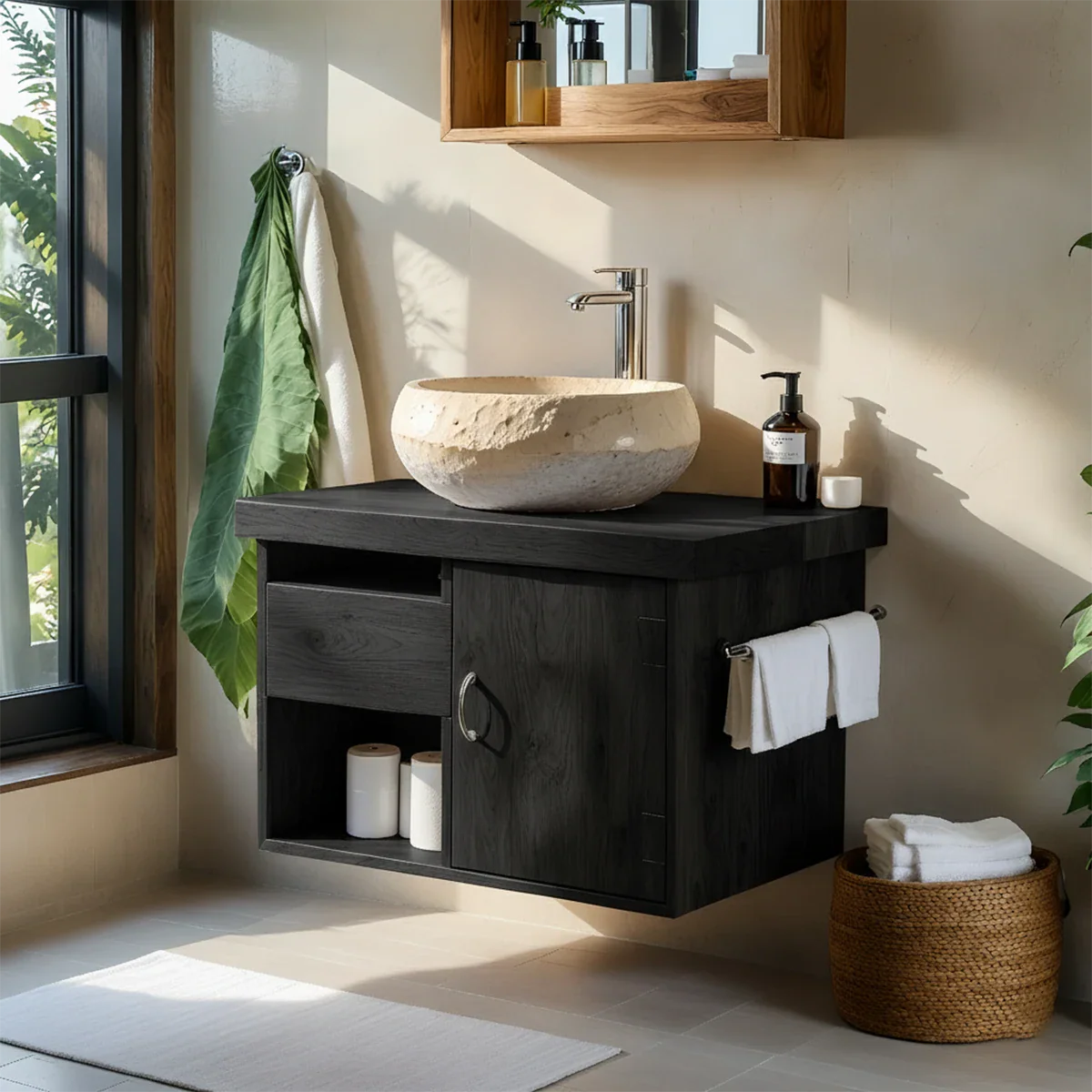 Harmony Wall-Mounted Vanity – Natural Solid Wood Compact Bathroom Cabinet - Rustira