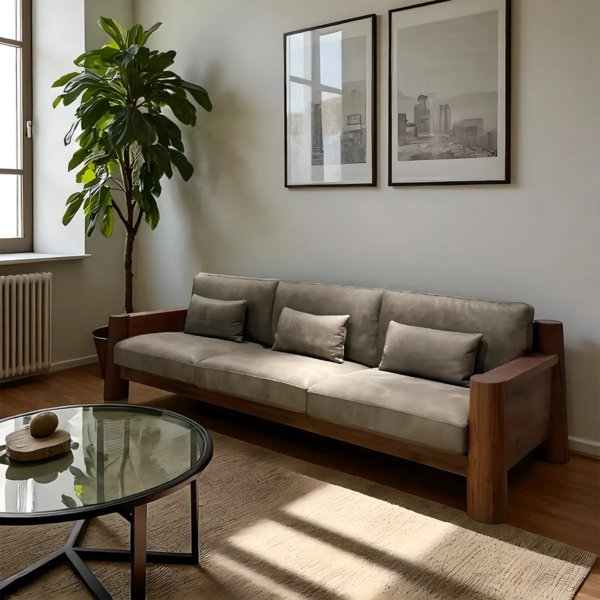 High-class Ash Wood Sofa – Modern design | Natural Ash wood frame + Soft fabric cushion