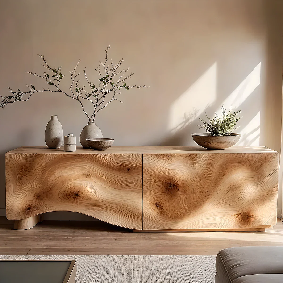 Light Burl Wave Solid Wood TV Console – Minimal Organic Design - Rustira