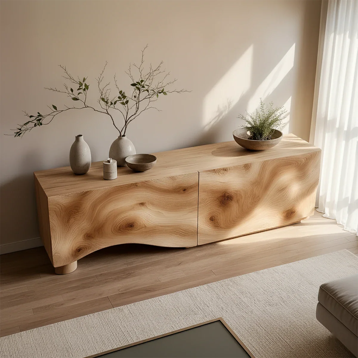 Light Burl Wave Solid Wood TV Console – Minimal Organic Design - Rustira