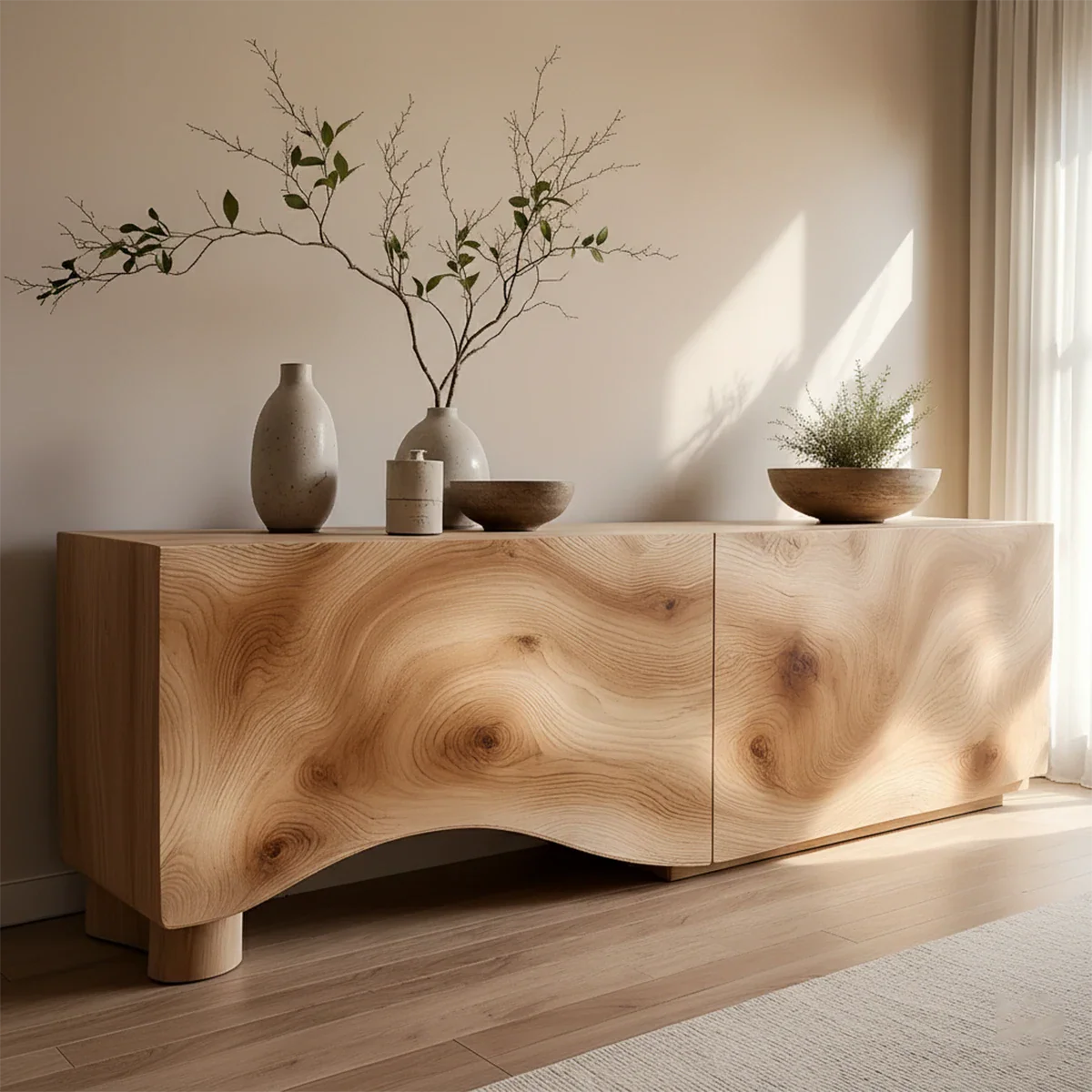 Light Burl Wave Solid Wood TV Console – Minimal Organic Design - Rustira