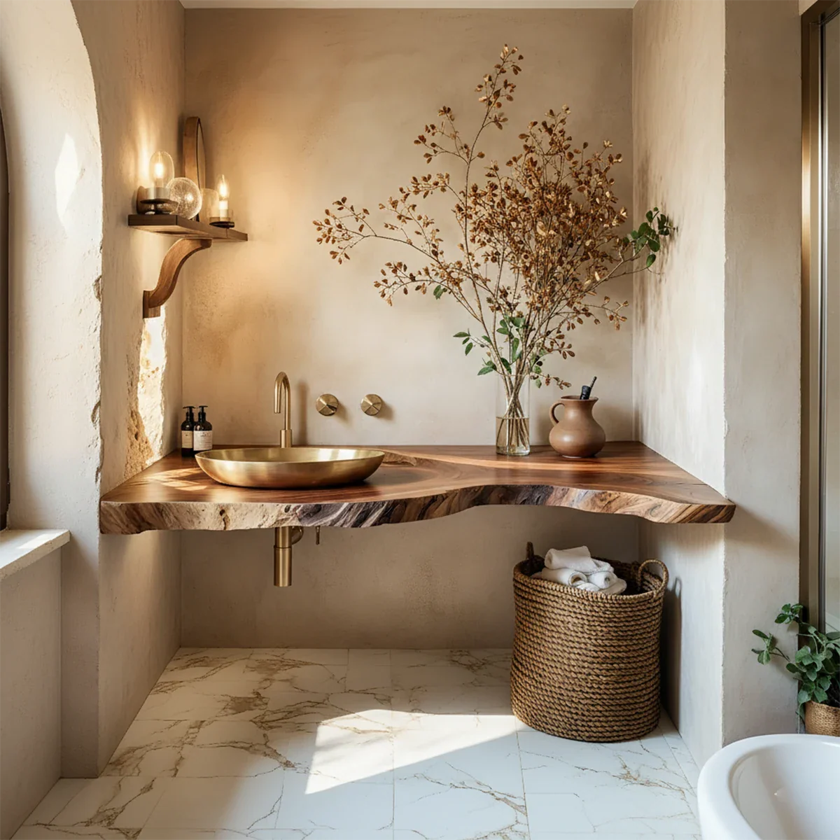 Live Edge Corner Floating Bathroom Vanity — Organic Wabi-Sabi Luxury - Rustira