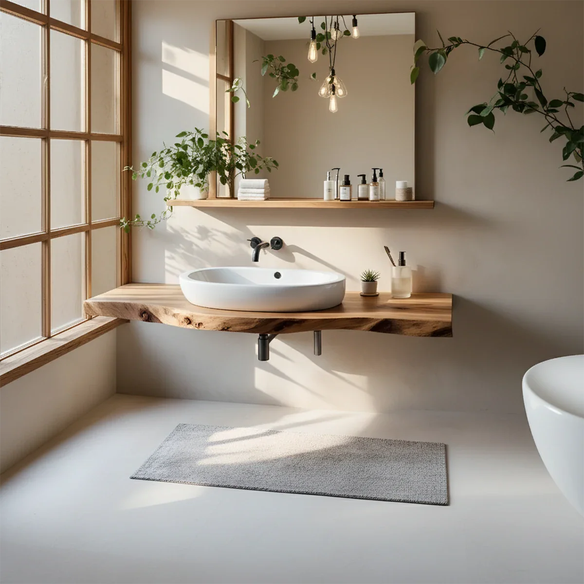 Live Edge Floating Wood Bathroom Vanity Shelf – Natural Solid Wood - Rustira