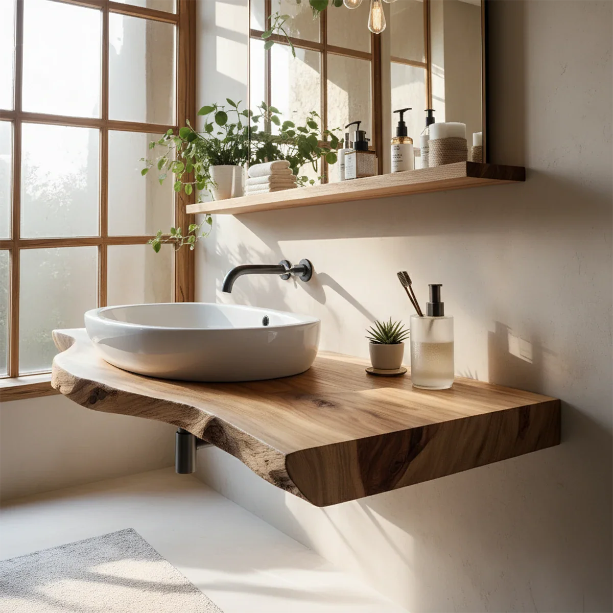 Live Edge Floating Wood Bathroom Vanity Shelf – Natural Solid Wood - Rustira
