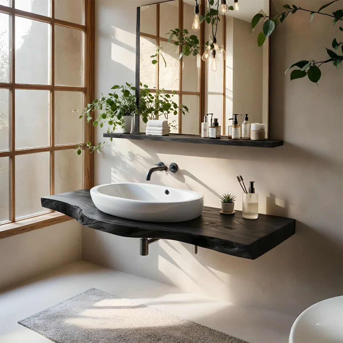 Live Edge Floating Wood Bathroom Vanity Shelf – Natural Solid Wood - Rustira