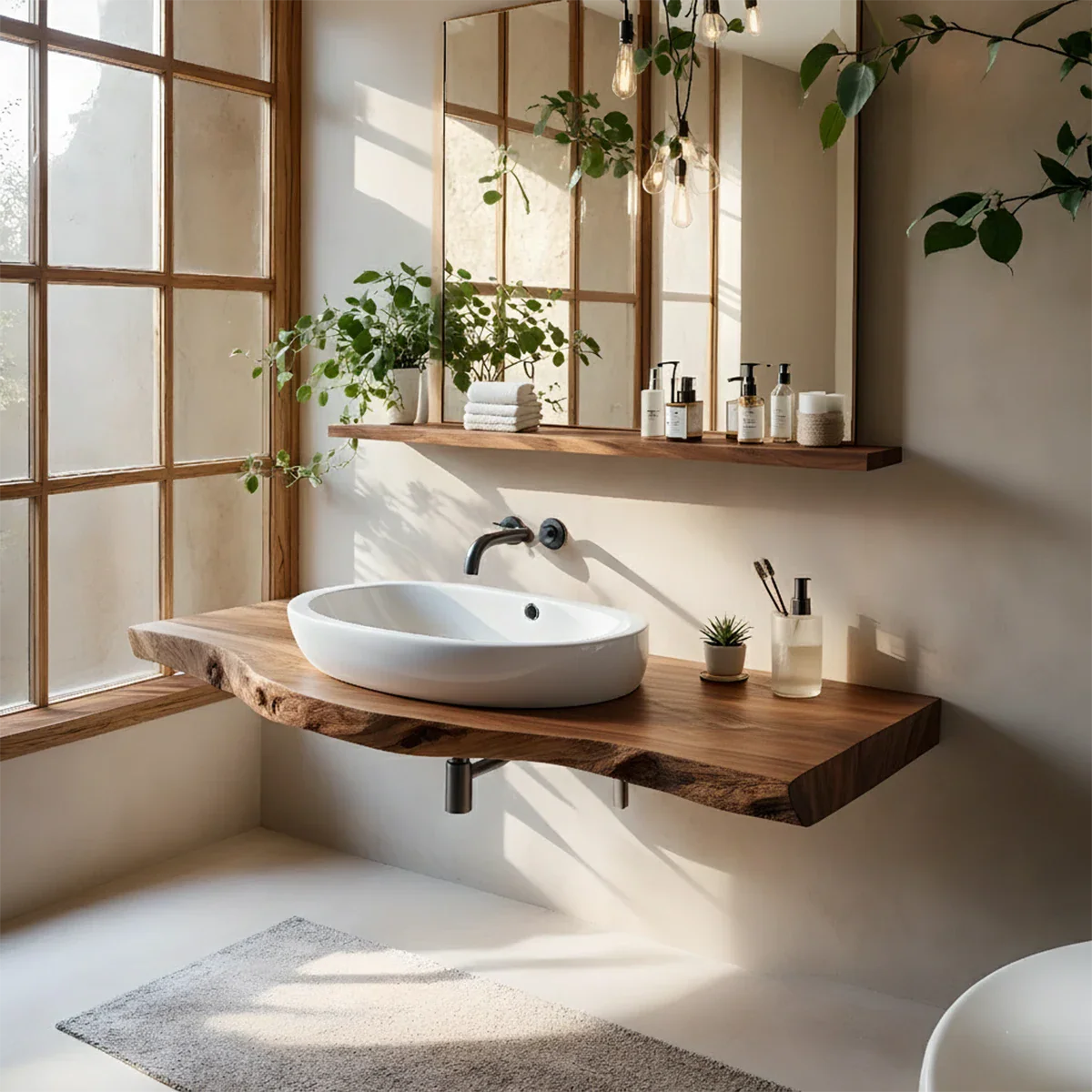 Live Edge Floating Wood Bathroom Vanity Shelf – Natural Solid Wood - Rustira