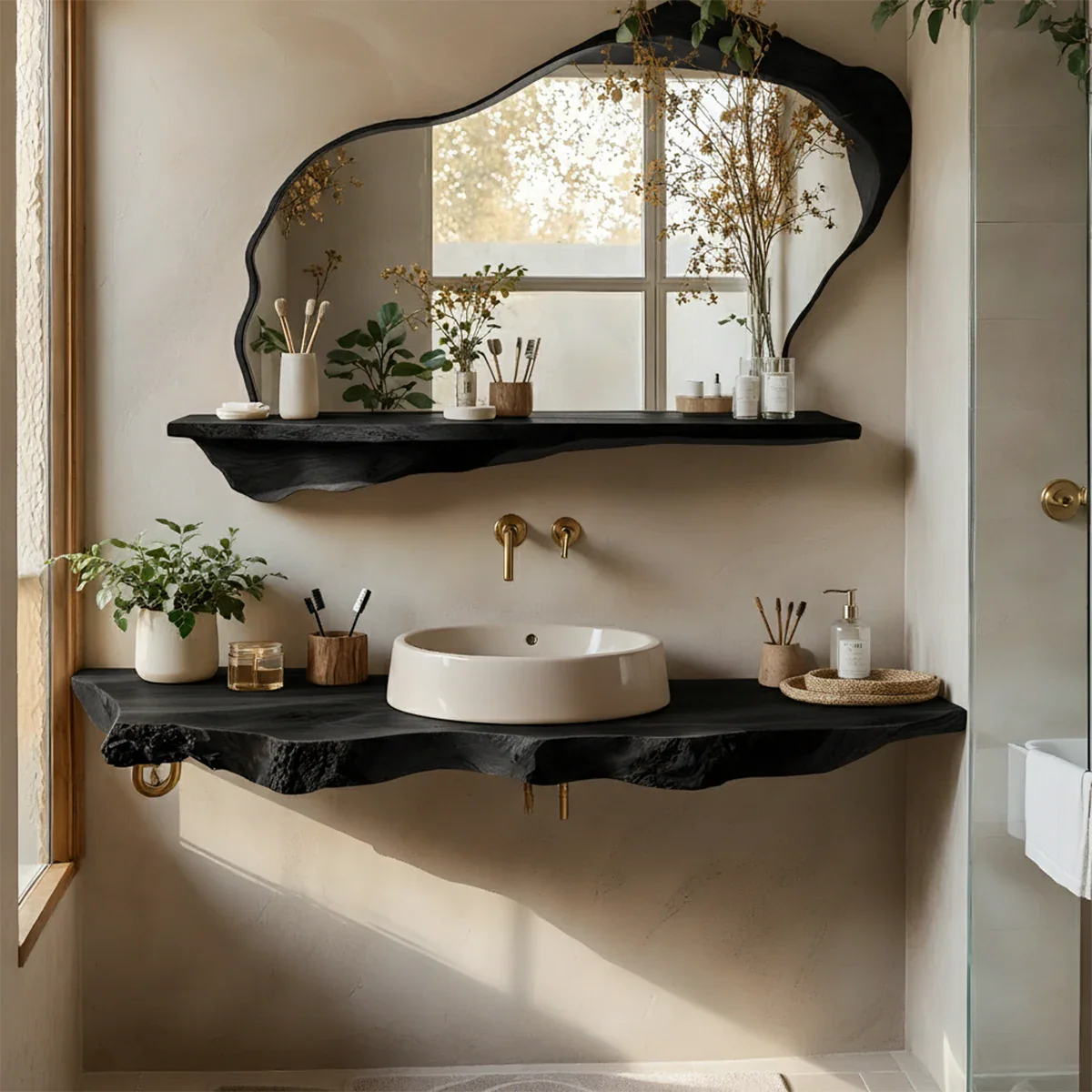 Live Edge Floating Wood Bathroom Vanity with Mirror Shelf - Rustira