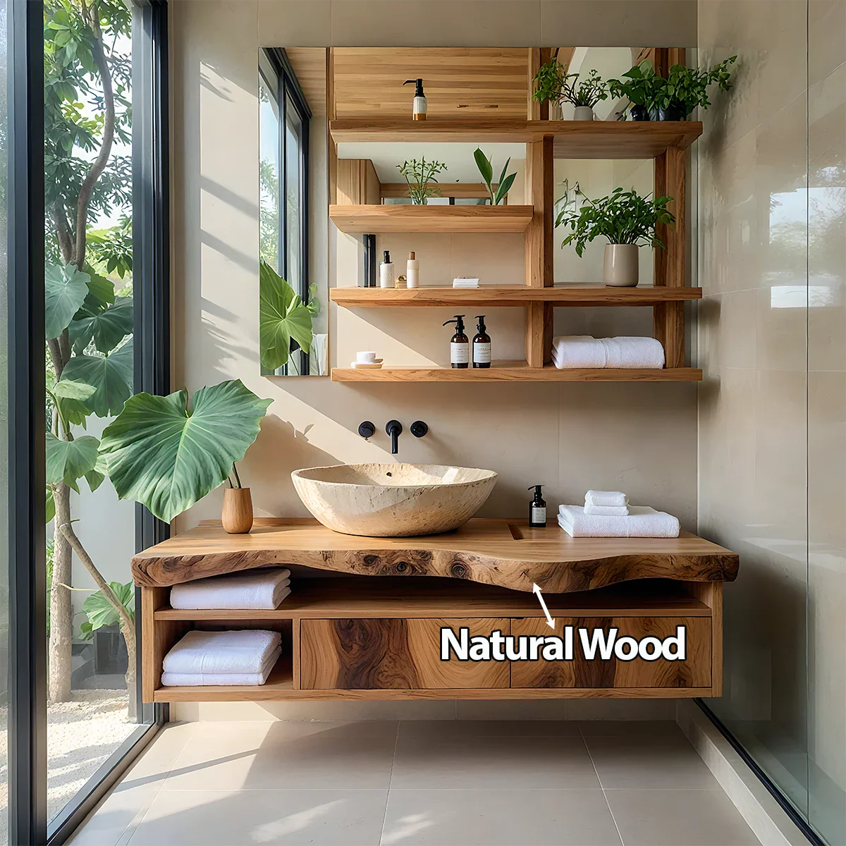 Live Edge Floating Wood Vanity with Shelves – Japandi Spa Sink Console - Rustira