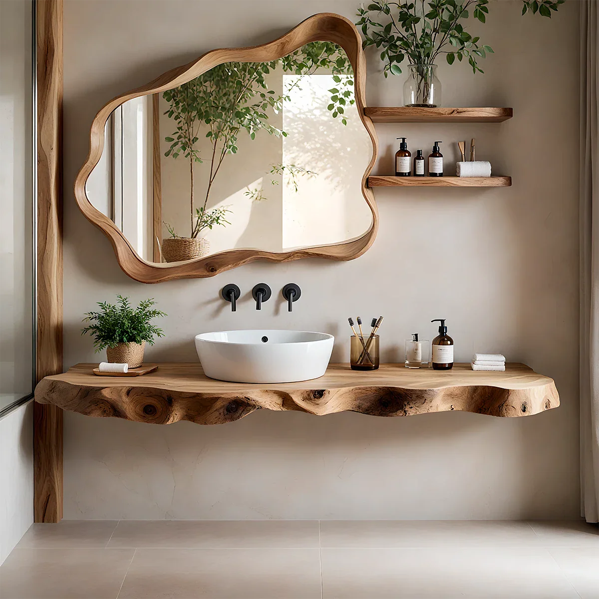 Live Edge Floating Wood Bathroom Vanity with Organic Mirror Frame - Rustira