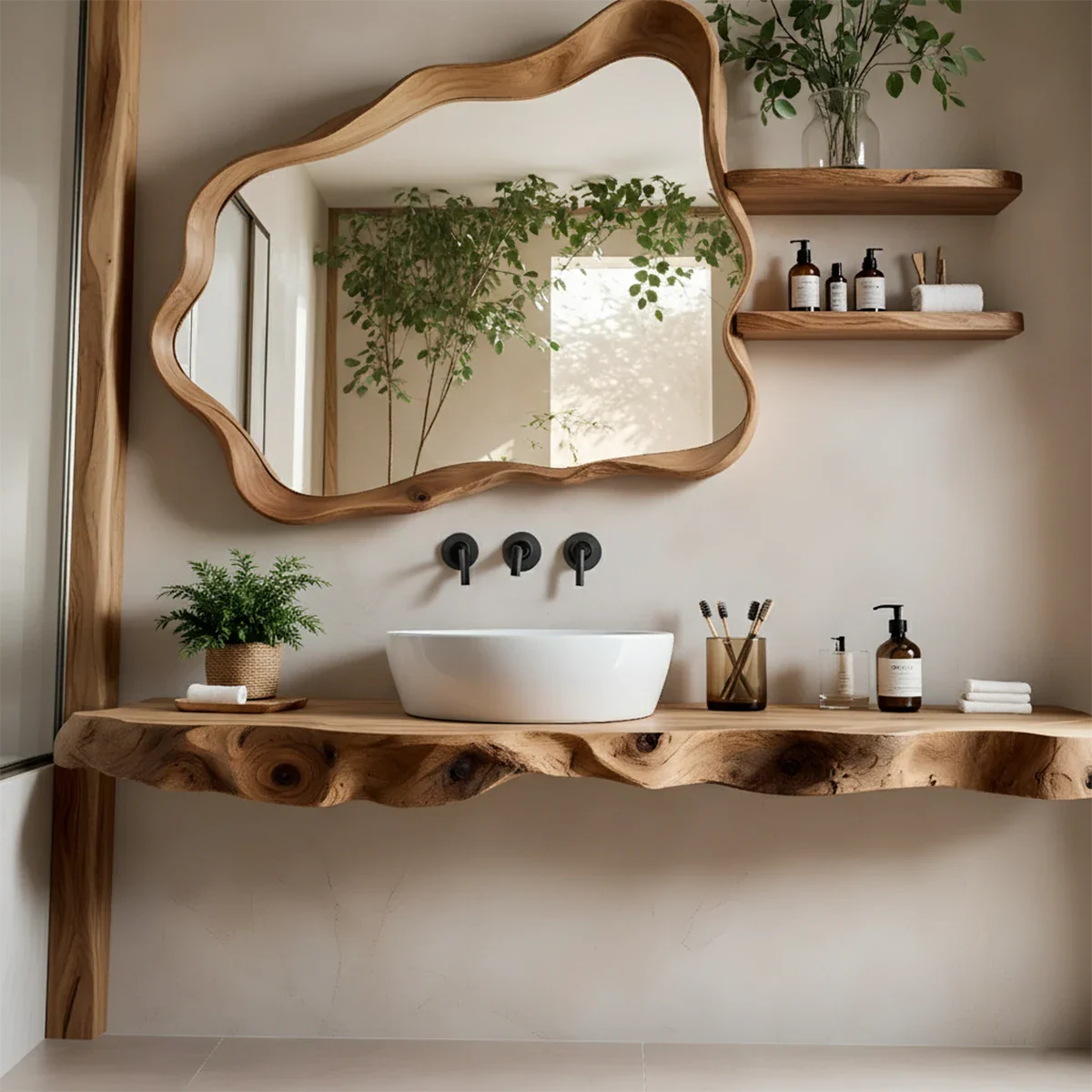 Live Edge Floating Wood Bathroom Vanity with Organic Mirror Frame - Rustira