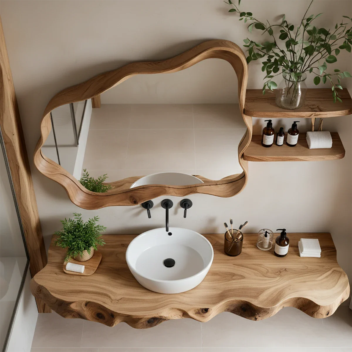 Live Edge Floating Wood Bathroom Vanity with Organic Mirror Frame - Rustira