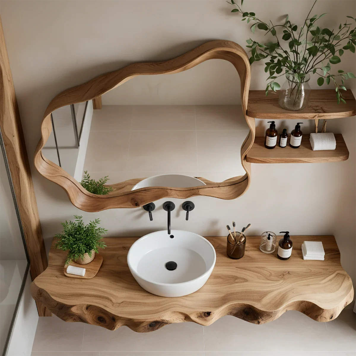 Live Edge Floating Wood Bathroom Vanity with Organic Mirror Frame - Rustira