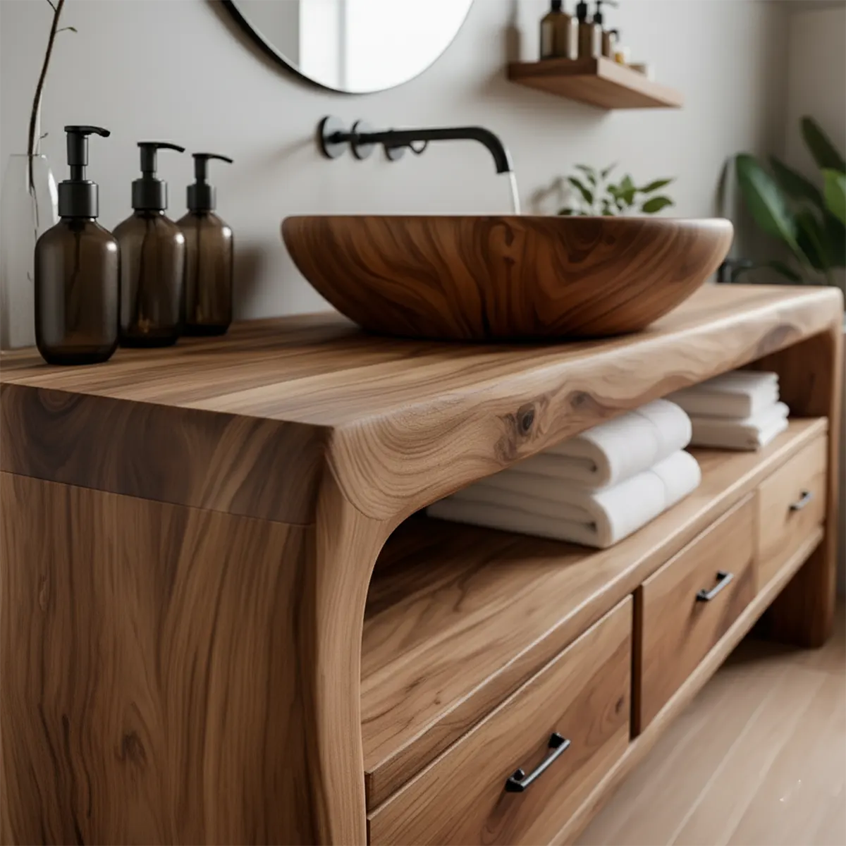 Live Edge Organic Solid Wood Bathroom Vanity With Drawers & Open Shelf - Rustira