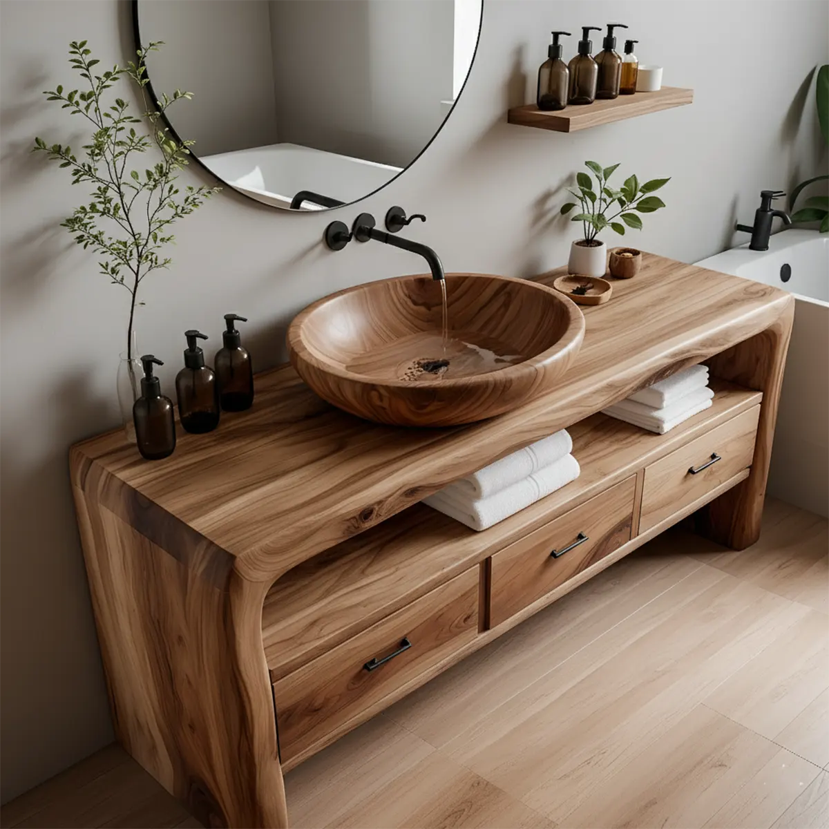 Live Edge Organic Solid Wood Bathroom Vanity With Drawers & Open Shelf - Rustira