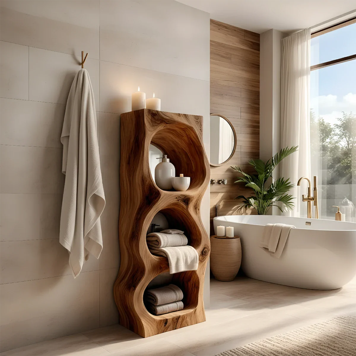 Live Edge Solid Wood Bathroom Storage Tower – Organic Carved Design - Rustira