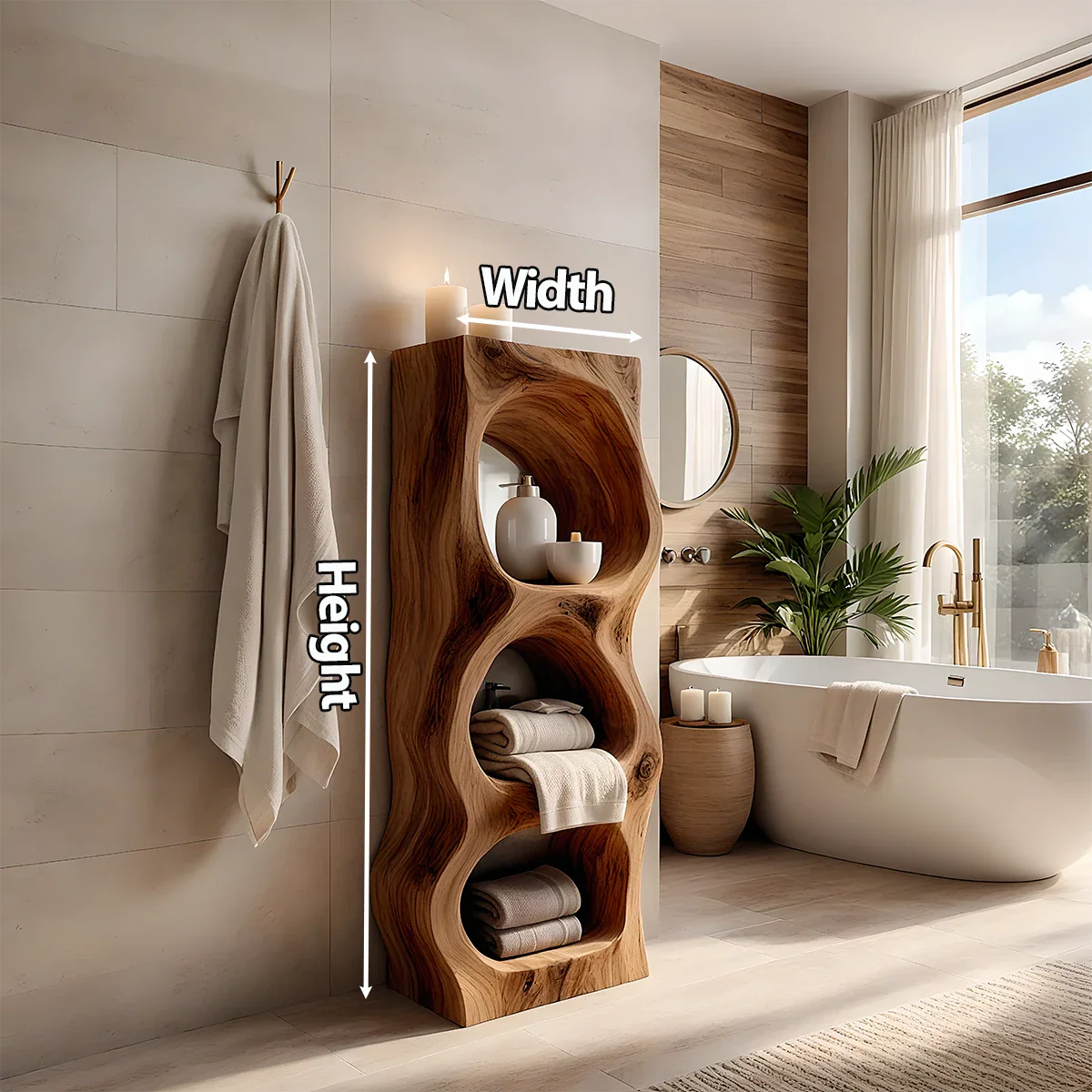 Live Edge Solid Wood Bathroom Storage Tower – Organic Carved Design - Rustira